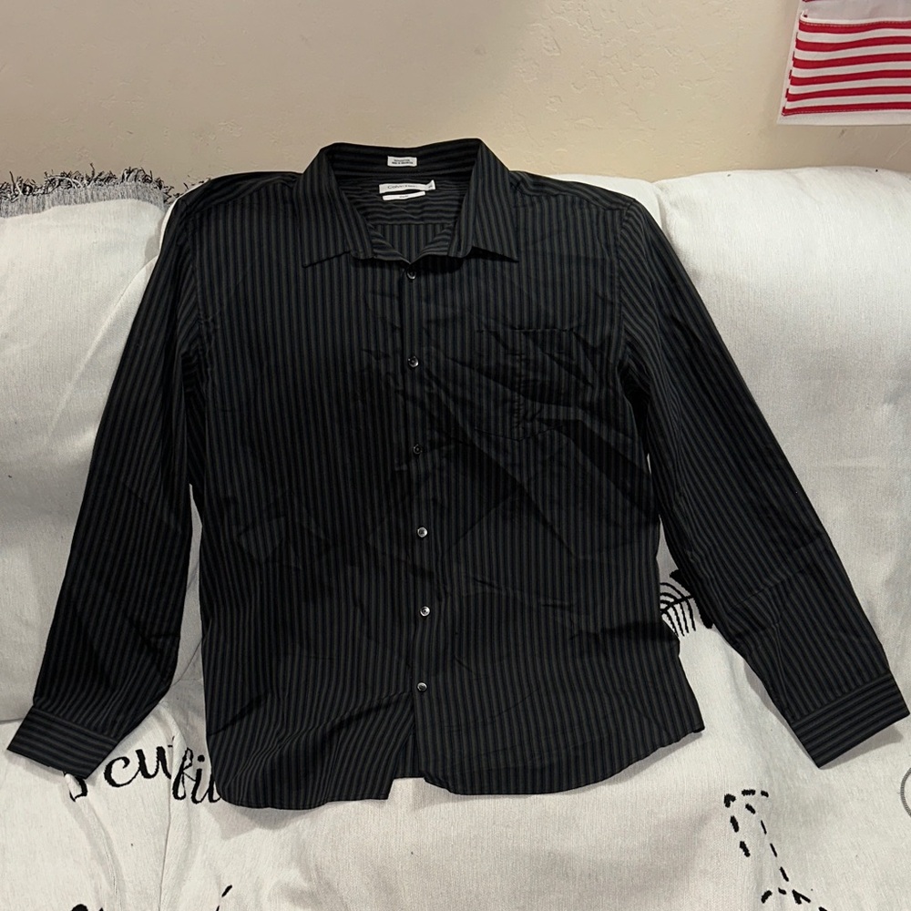 Calvin Klein slim fit 2XL Blue grey black Striped button down Shirt 100% cotton
